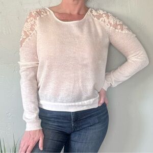 Lauren Conrad Delicate Lace-Shoulder & Pearl Cream Open Back Tie Sweater